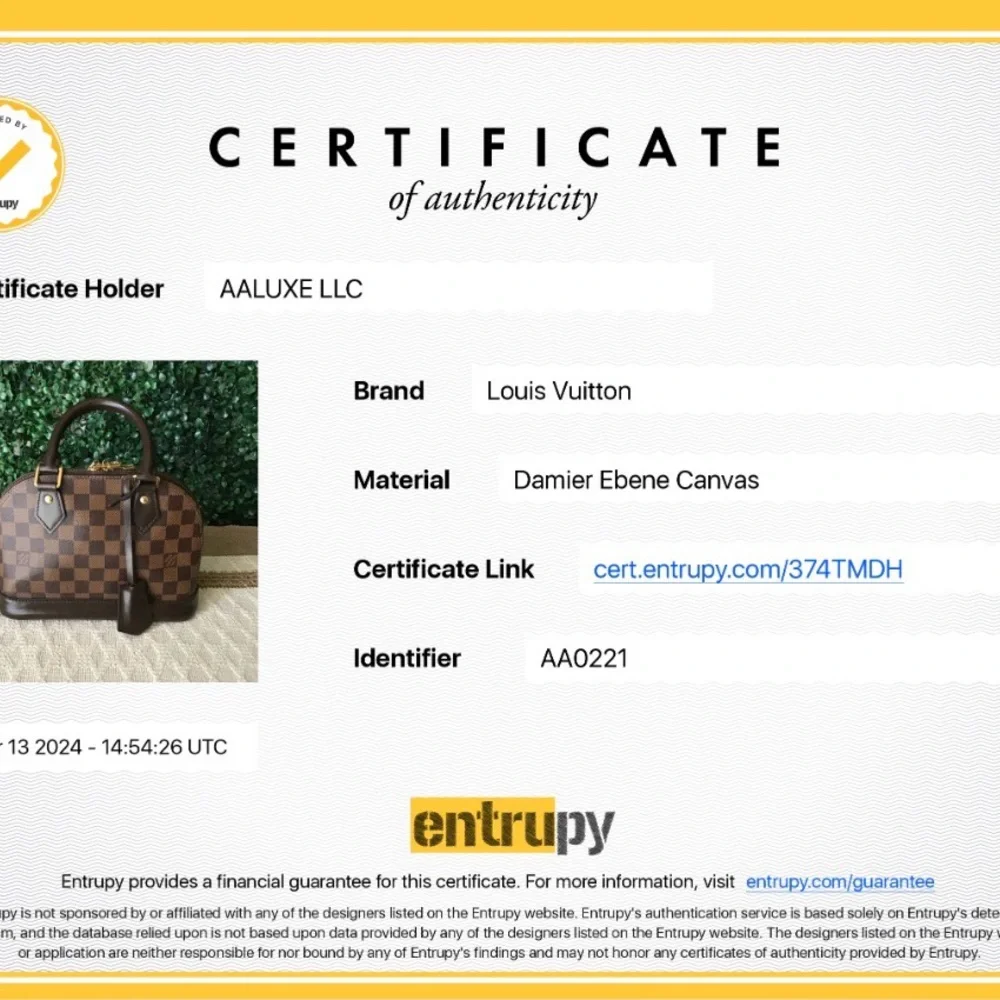 Louis Vuitton Damier Ebene Alma BB Authentic
